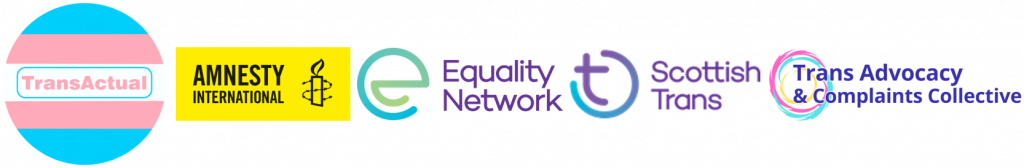 Combined logos of organisations behind reference to GANHRI. Featured are TransActual, Amnesty International, The Equality Network, Trans Advocacy and Complaints Collective (TACC) and Scottish Trans