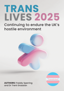 Front cover of the Trans Lives Report 2025. Text says: Trans Lives 2025 Continuing to endure the UK's hostile environment. Authors Freddy Sperring and Dr Trent Grassian. TransActual logo and an icon style image of a person are also present.