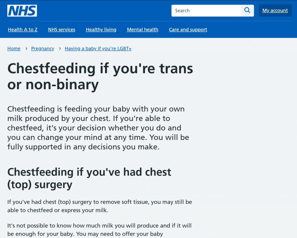 Screenshot of a NHS England website page. The title of the page is "Chestfeeding if you're trans or non-binary"