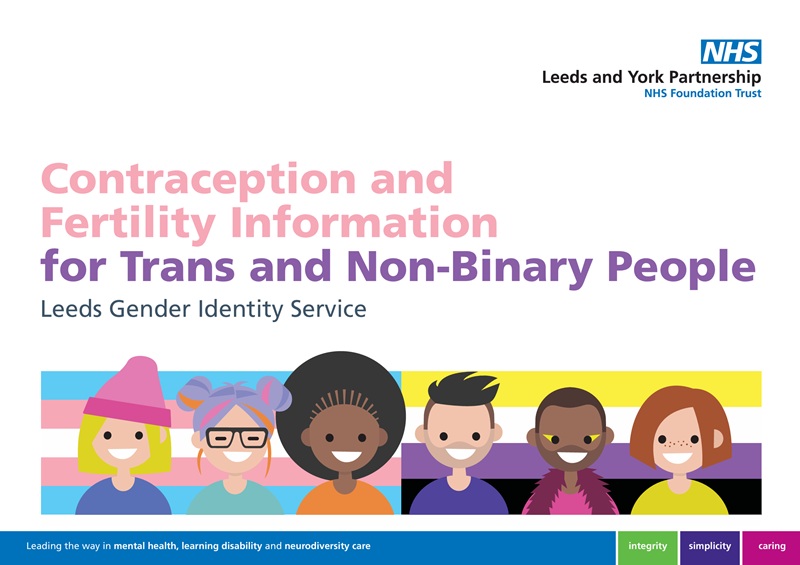 Front cover of a booklet. Text reads "Leeds and York Partnership NHS Foundation Trust. Contraception and Fertility Information for Trans and Non-binary People. Leeds Gender Identity Service"