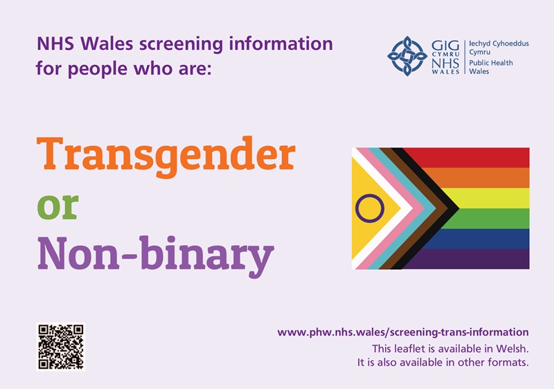 Front page from patient information leaflet. Title says "NHS Wales screening information for people who are Transgender or Non-binary"