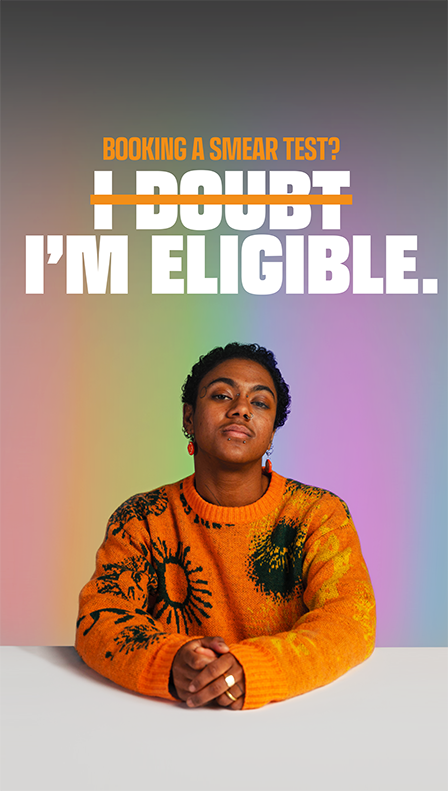 Poster with the words "Booking a smear test? I doubt I'm eligible" with the words "I don't" crossed through.